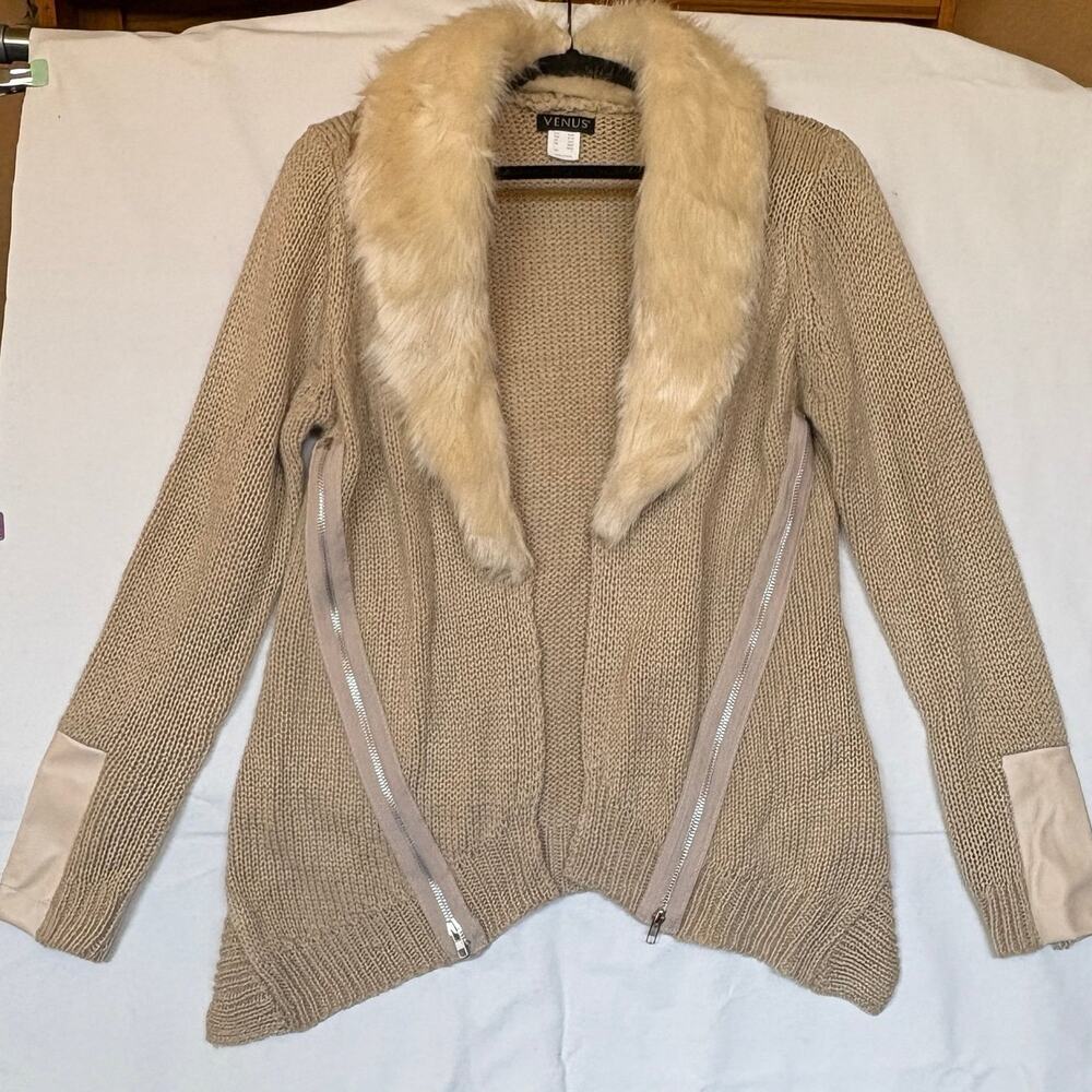 Venus Tan Cardigan Sweater Jacket Faux Fur Collar Leather Patches Zip Accent L